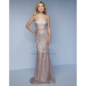 Splash Prom Glitter Net Halter Gown K117 Rose Gold